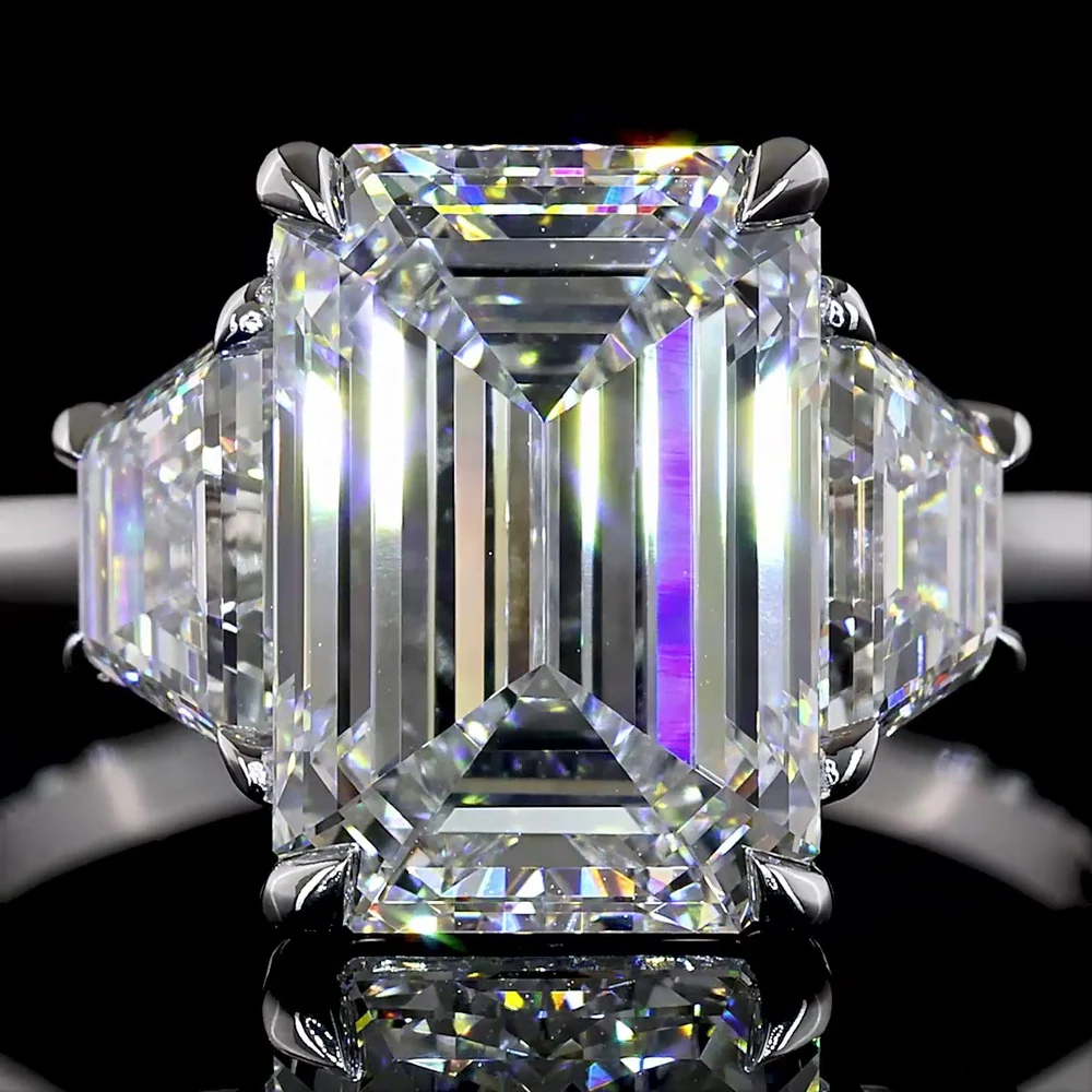 14K White Gold 3 Stone Ring with 4.14 Carat Emerald Cut Lab Diamond and 1.19 Carat Trapezoid Side Stones - 5.33 Carat Total Weight - Covaloro Fine Jewelry - Image 2