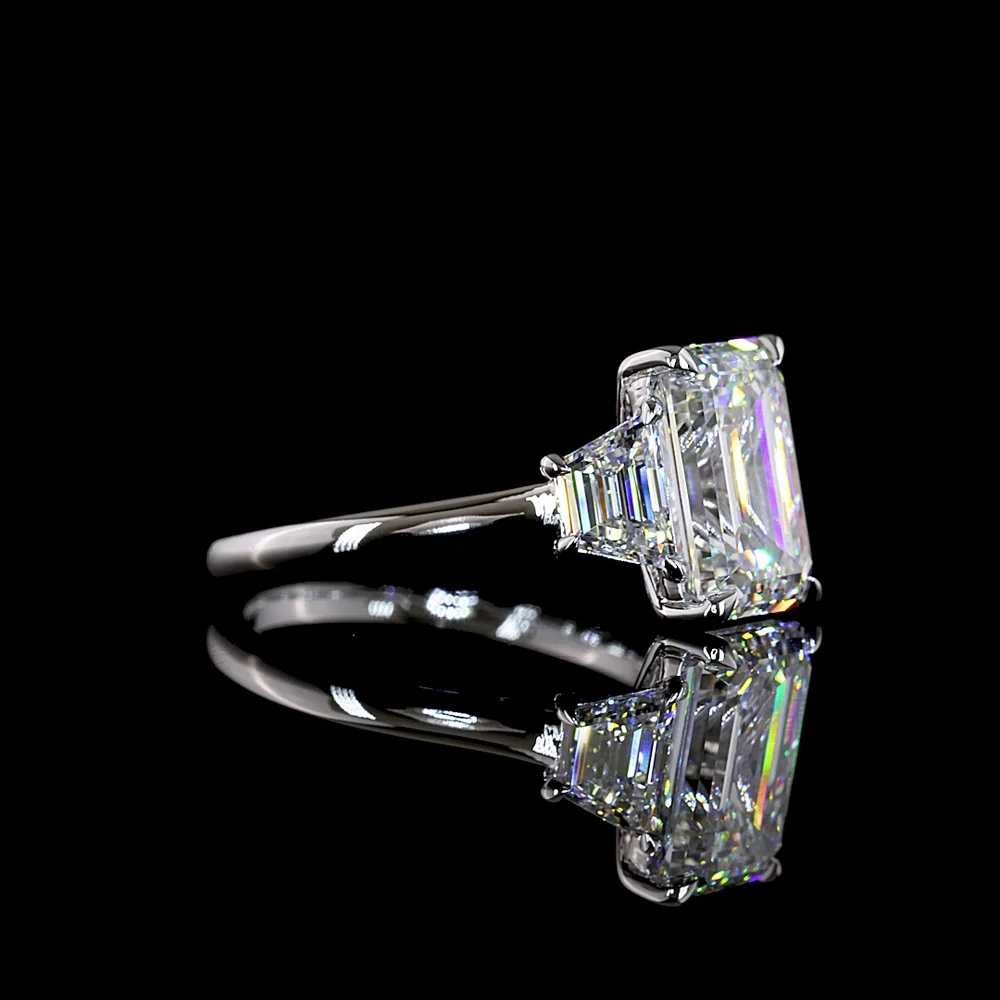 14K White Gold 3 Stone Ring with 4.14 Carat Emerald Cut Lab Diamond and 1.19 Carat Trapezoid Side Stones - 5.33 Carat Total Weight - Covaloro Fine Jewelry - Image 3