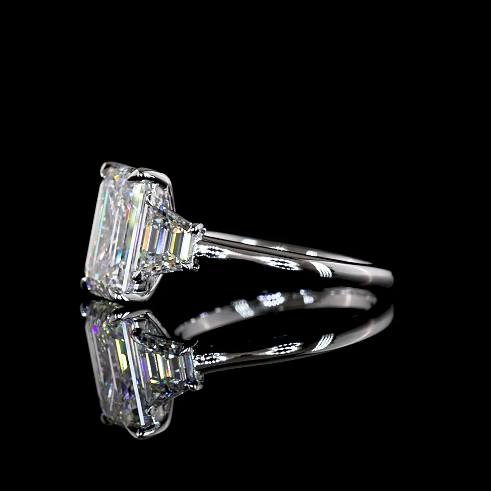 14K White Gold 3 Stone Ring with 4.14 Carat Emerald Cut Lab Diamond and 1.19 Carat Trapezoid Side Stones - 5.33 Carat Total Weight - Covaloro Fine Jewelry - Image 4