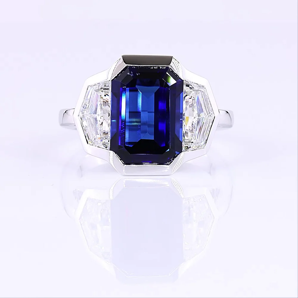 14K White Gold 3-Stone Ring with 6.48 Carats Emerald Cut Lab Blue Sapphire and 1.84 Carats Emerald Cut Lab Diamonds in Half-Bezel Setting - 8.32 Carats Total Gem Weight - Covaloro Fine Jewelry