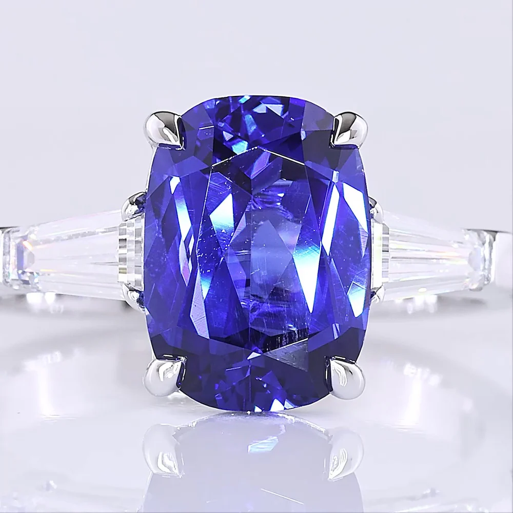 14K White Gold 3-Stone Ring with Cushion Brilliant Cut Lab-Grown Blue Sapphire and Tapered Baguette Diamonds - 3.72 Carat Total Gem Weight - Covaloro Fine Jewelry - Image 2