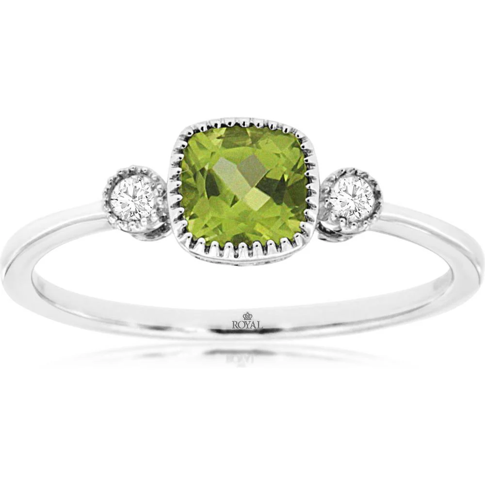 14K White Gold 3-Stone Ring with Cushion Cut Peridot and Round Diamond Accents - 0.65 Carat Peridot, 0.06 Carat Diamonds - Royal Jewelry