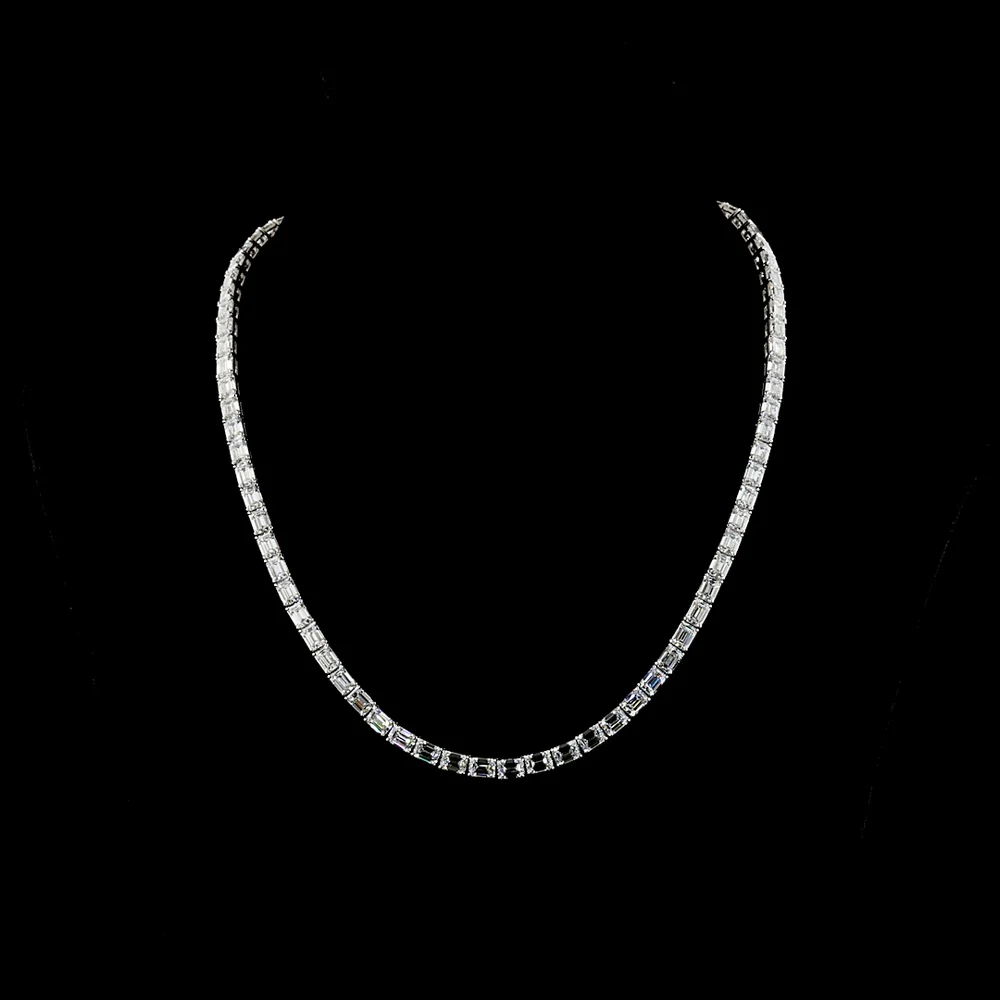14K White Gold 39.29 Carat Tennis Necklace with East-West Prong Set Emerald Cut Lab Diamonds - E-F VS2 Clarity - 81 Stones - Covaloro Fine Jewelry