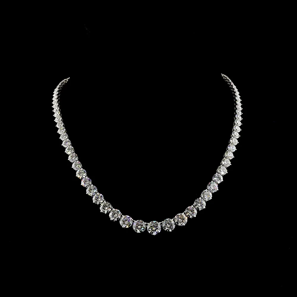 14K White Gold 39.75 Carat Graduated Riviera Necklace with 84 Prong Set Brilliant Round Lab Diamonds (E-F Color, VS1 Clarity) - Covaloro Fine Jewelry