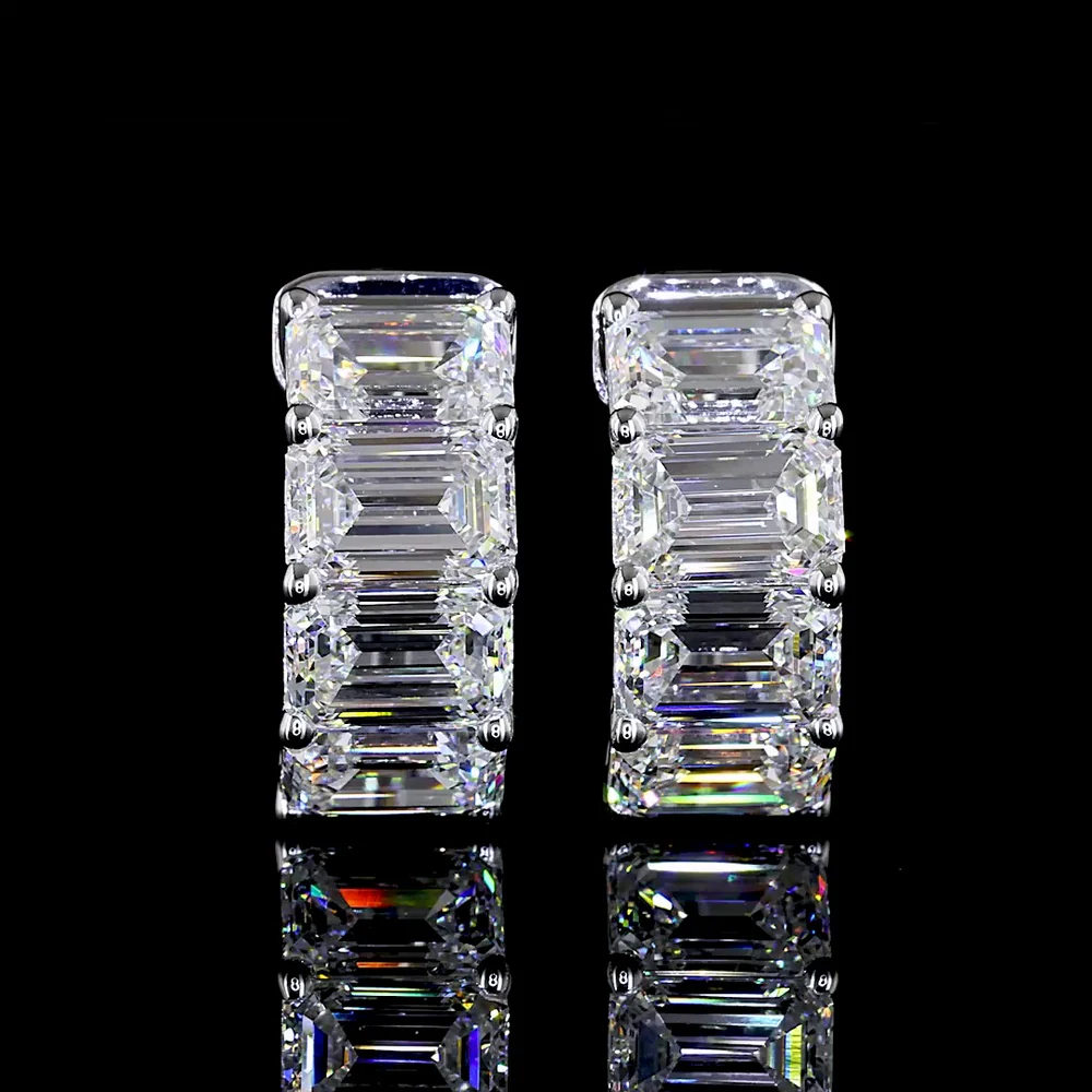 14K White Gold 4.27 Carats Total Weight Emerald Cut Lab Diamond Huggie Earrings - E-F Color VS Clarity Prong Set - Covaloro Fine Jewelry