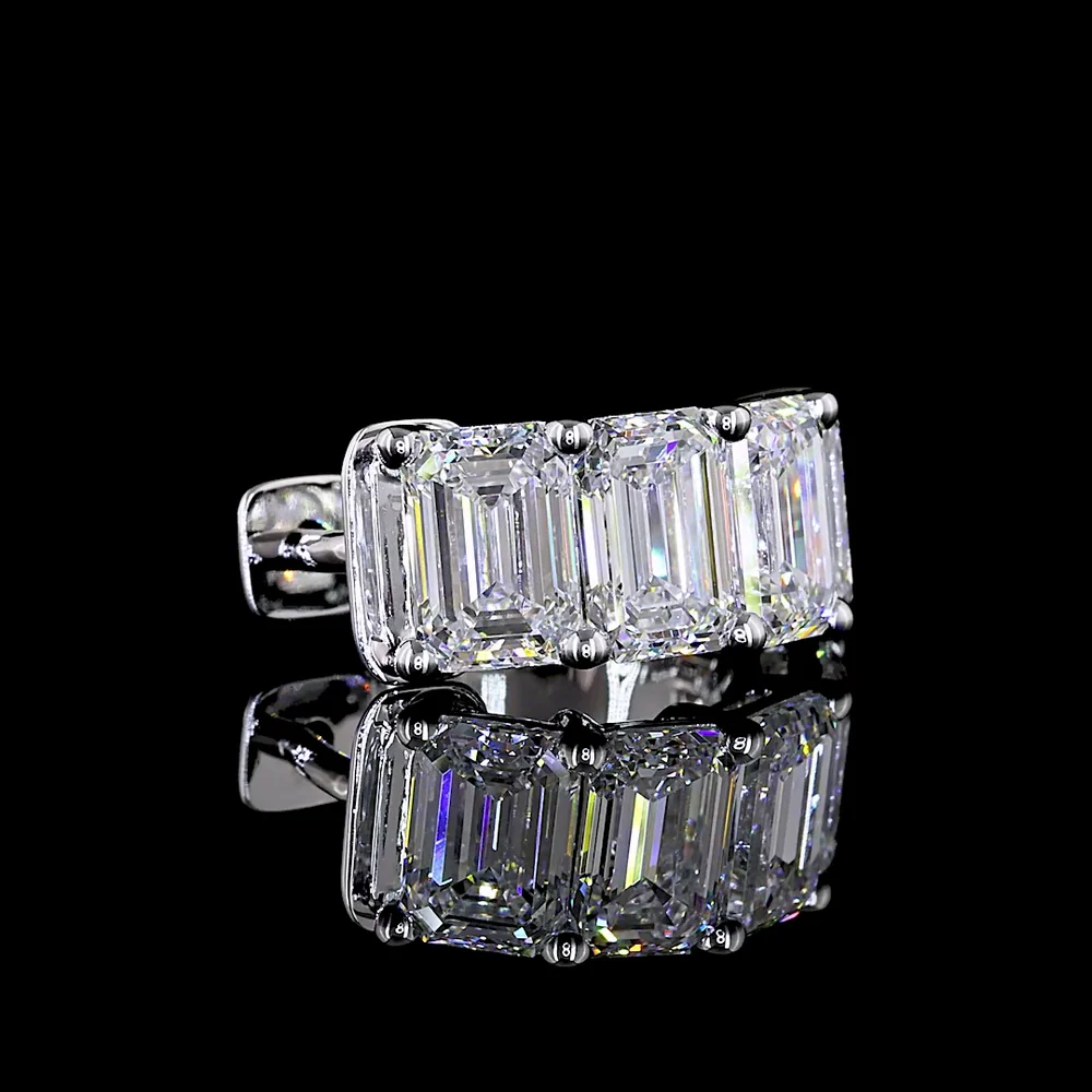 14K White Gold 4.27 Carats Total Weight Emerald Cut Lab Diamond Huggie Earrings - E-F Color VS Clarity Prong Set - Covaloro Fine Jewelry - Image 3