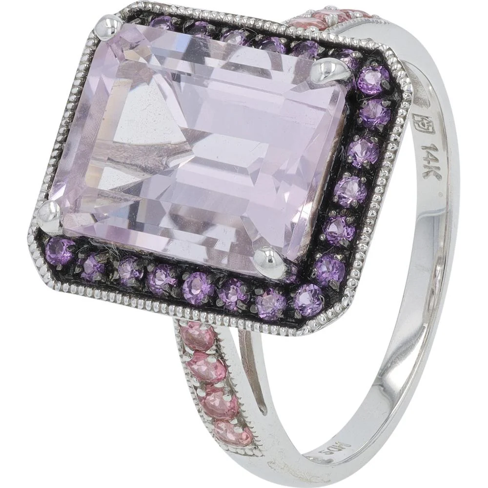 14K White Gold 4.50 Carat Emerald Cut Amethyst Ring with 0.28 Carat Pink Tourmaline Accents