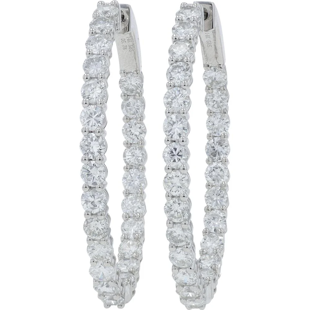 14K White Gold 4.89 Carat Diamond Inside - Out Hoop Earrings - 4.89 Carat Total Diamond Weight