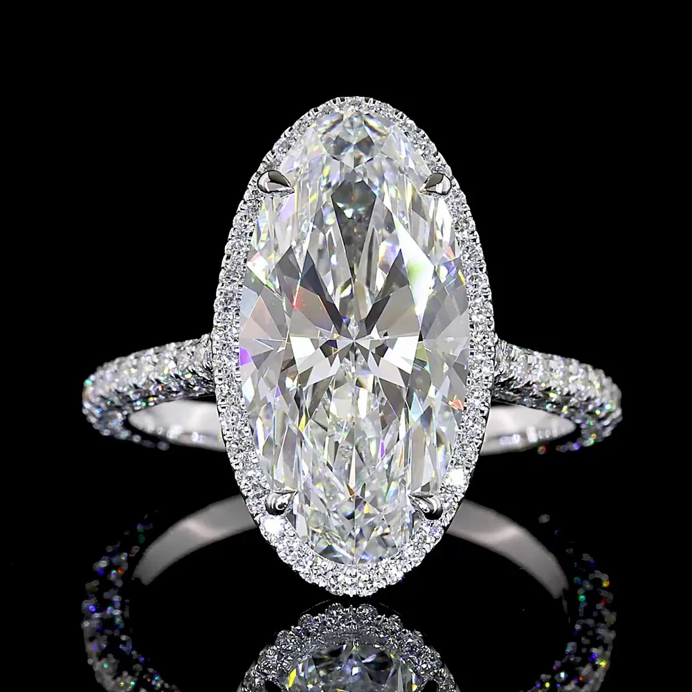 14K White Gold 4.95 Carat Total Weight Double Halo Ring with 4.18 Carat Moval Cut Lab Diamond and 90 Brilliant Round Cut Lab Diamonds - Covaloro Fine Jewelry - Image 2