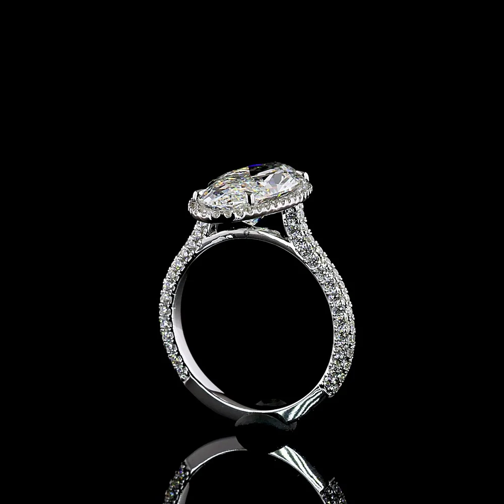 14K White Gold 4.95 Carat Total Weight Double Halo Ring with 4.18 Carat Moval Cut Lab Diamond and 90 Brilliant Round Cut Lab Diamonds - Covaloro Fine Jewelry - Image 3