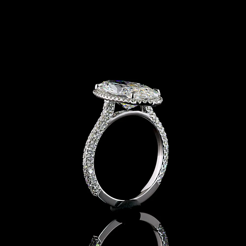 14K White Gold 4.95 Carat Total Weight Double Halo Ring with 4.18 Carat Moval Cut Lab Diamond and 90 Brilliant Round Cut Lab Diamonds - Covaloro Fine Jewelry - Image 4