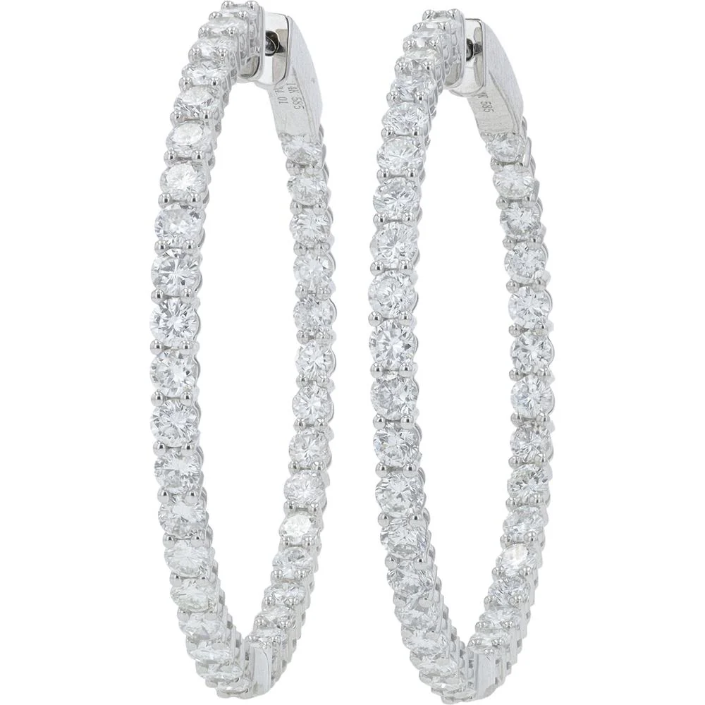 14K White Gold 4 Carat Diamond Inside - Out Hoop Earrings - 4.00 Carat Total Diamond Weight