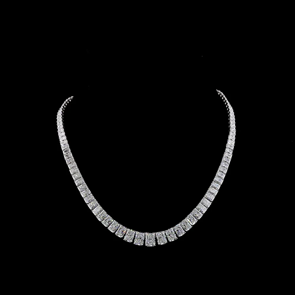 14K White Gold 45.5 Carat Graduating Riviera Necklace with North-South Radiant Cut Lab Diamonds (E-F Color, VVS2 Clarity) - 103 Stones Total - Covaloro Fine Jewelry
