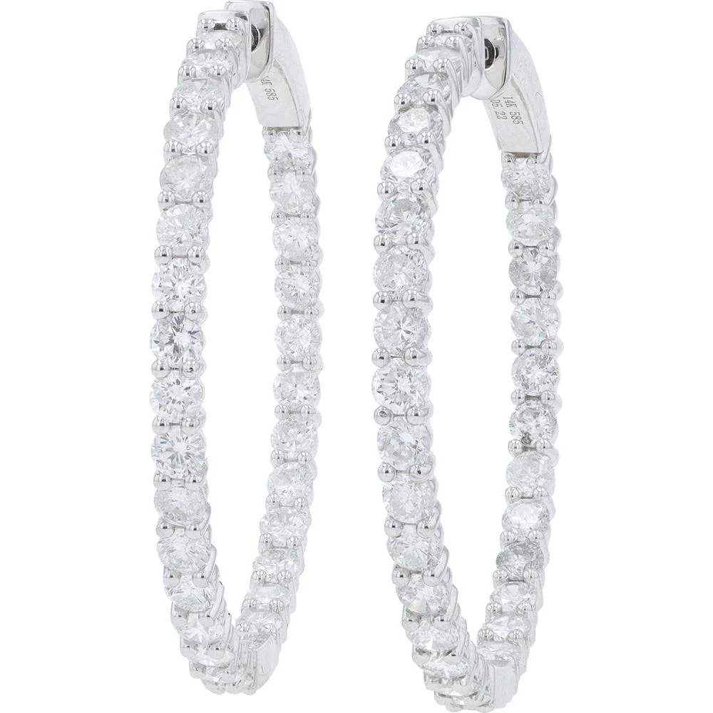 14K White Gold 5.17 Carat Diamond Inside - Out Hoop Earrings - 1.50" Diameter