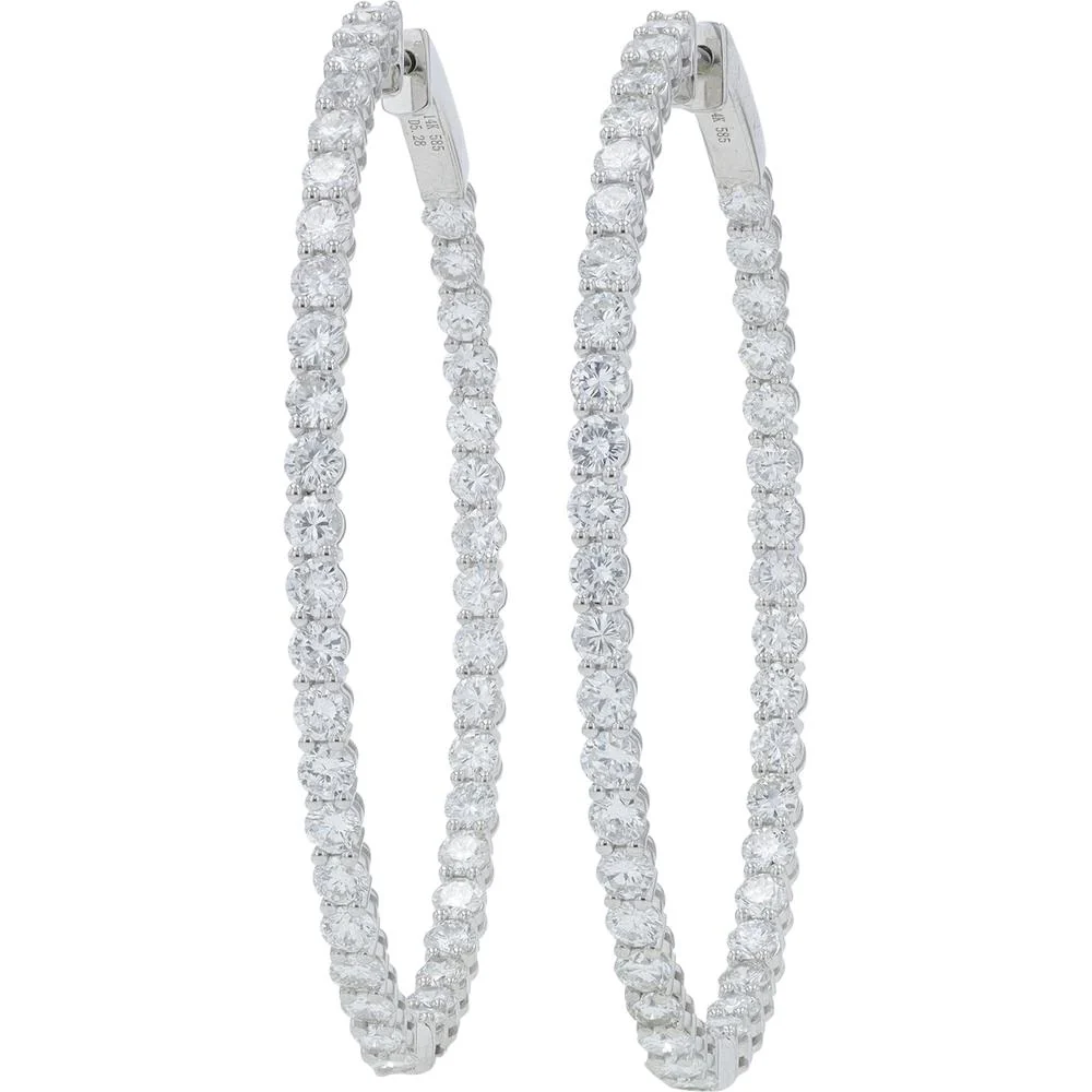14K White Gold 5.28 Carat Diamond Inside - Out Hoop Earrings - 5.28 Carat Total Diamond Weight