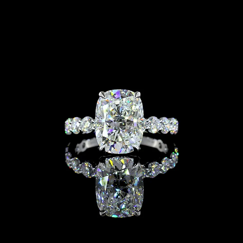 14K White Gold 5.56 Carats Total Weight Cushion Brilliant Lab Diamond Ring with 4.14 Carats Center and Diamond Shank - IGI Certified E-F VVS2 - Covaloro Fine Jewelry