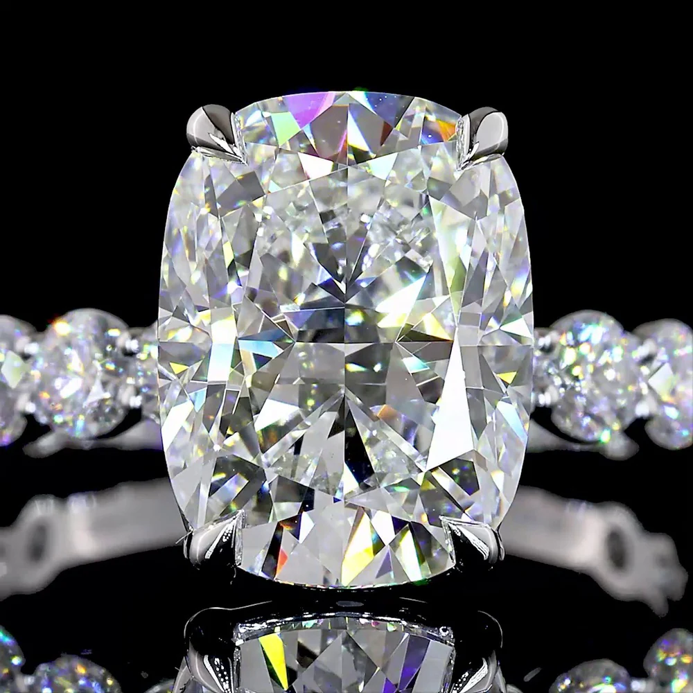 14K White Gold 5.56 Carats Total Weight Cushion Brilliant Lab Diamond Ring with 4.14 Carats Center and Diamond Shank - IGI Certified E-F VVS2 - Covaloro Fine Jewelry - Image 2