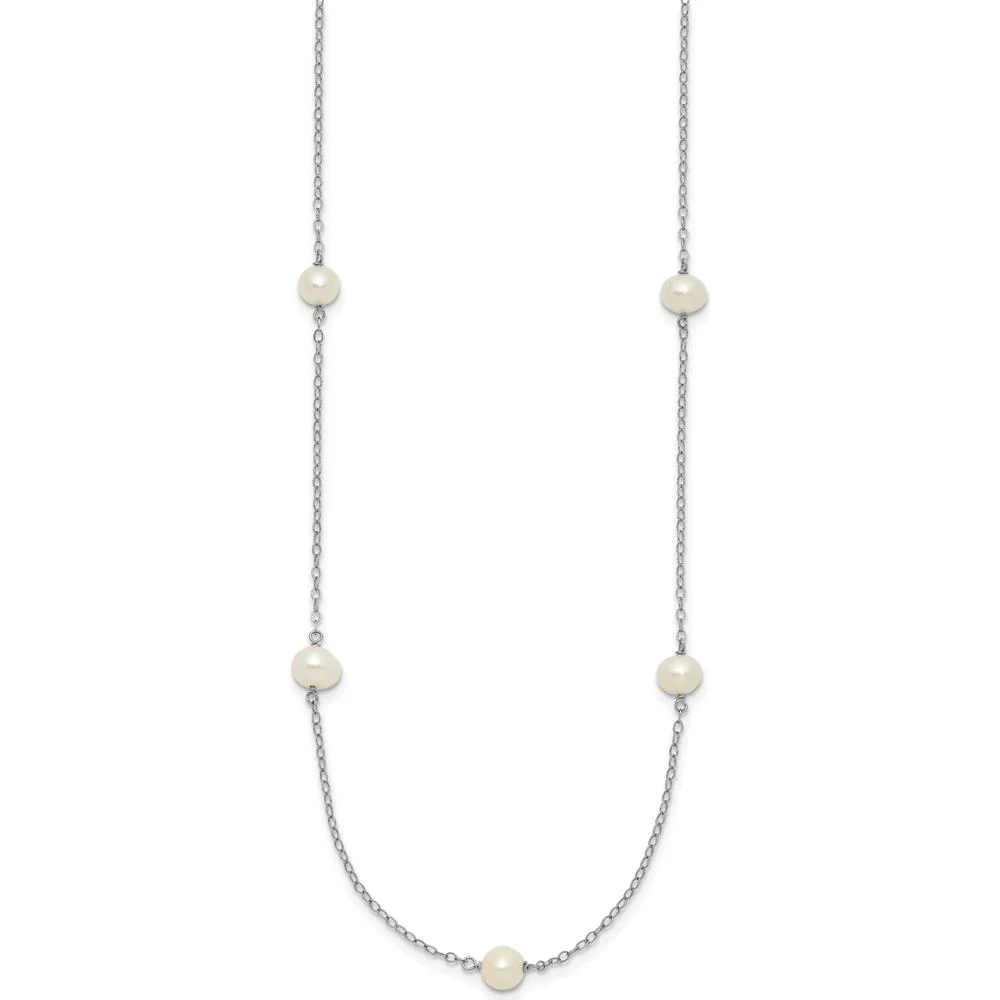 14K White Gold 5-6mm White Freshwater Cultured Pearl Station Necklace - 18" Length by Monteluci Fine Jewelry - Image 2