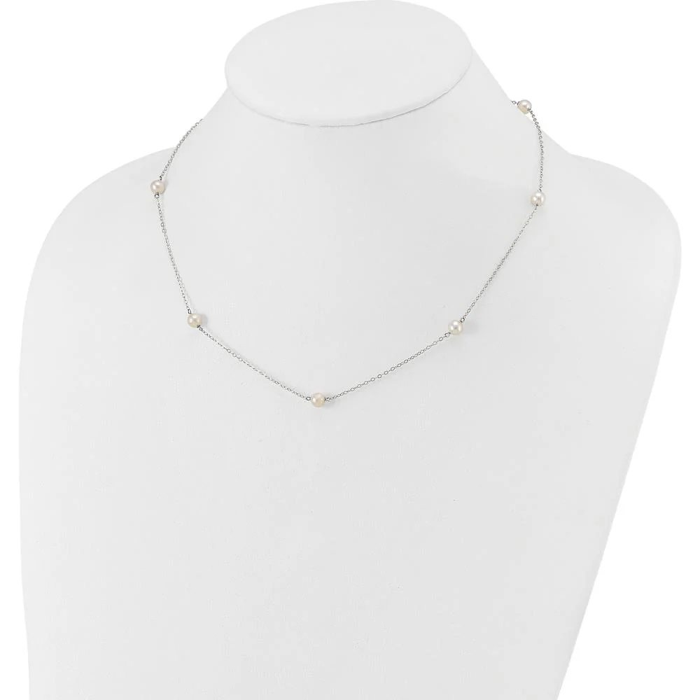 14K White Gold 5-6mm White Freshwater Cultured Pearl Station Necklace - 18" Length by Monteluci Fine Jewelry - Image 3