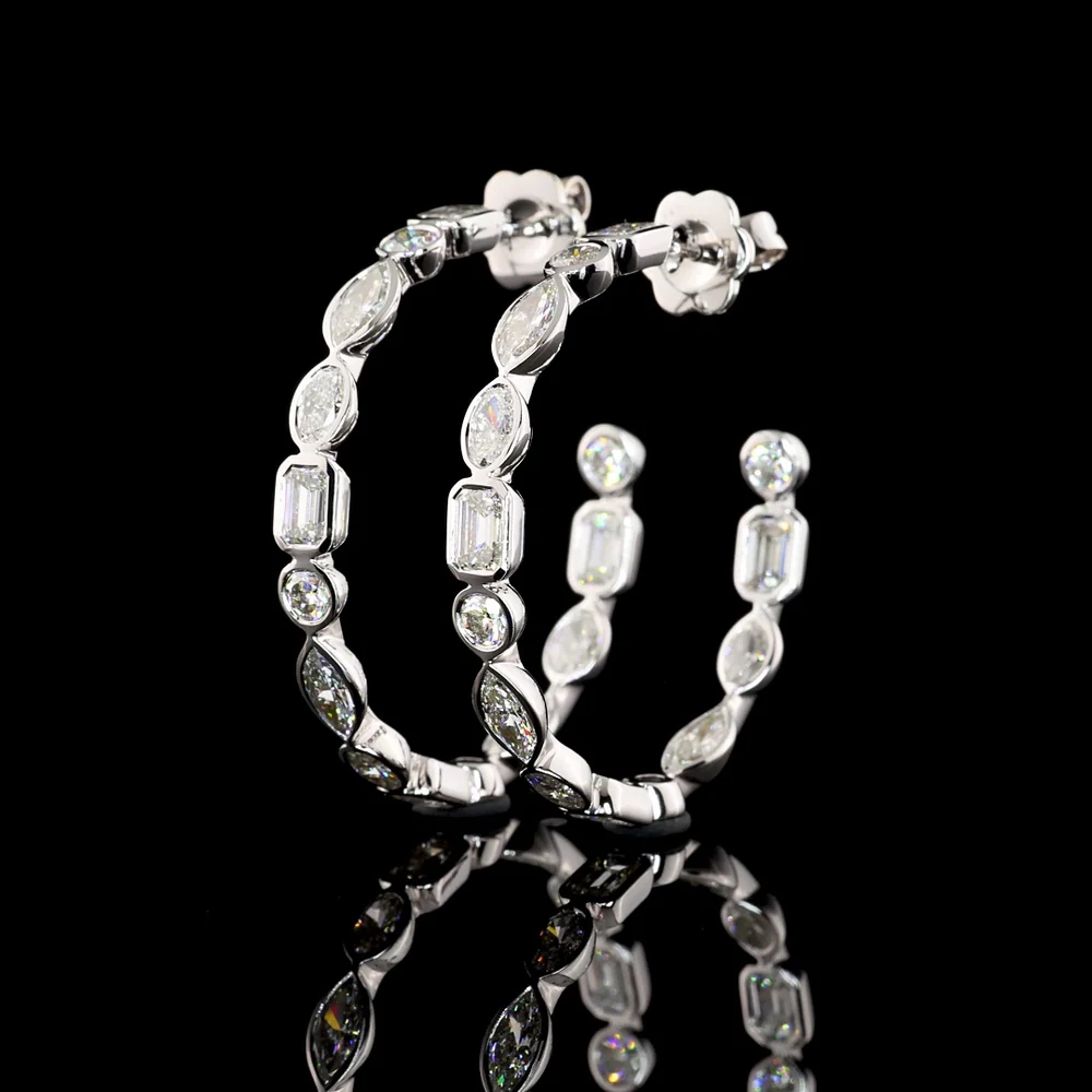 14K White Gold 5.98 Carats Total Weight Mixed Shape Lab Diamond C-Hoop Earrings with Marquise, Oval, Emerald, and Brilliant Cut Bezel Set Stones - Covaloro Fine Jewelry - Image 3