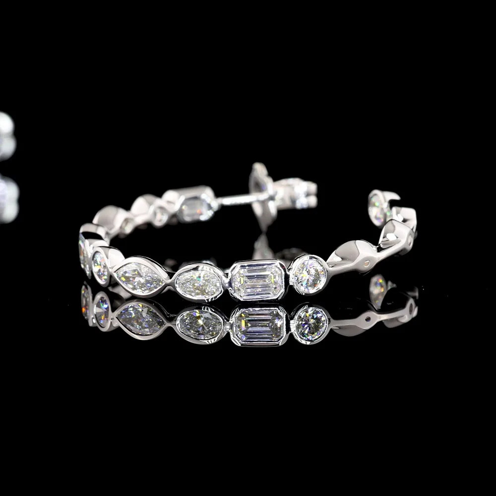 14K White Gold 5.98 Carats Total Weight Mixed Shape Lab Diamond C-Hoop Earrings with Marquise, Oval, Emerald, and Brilliant Cut Bezel Set Stones - Covaloro Fine Jewelry - Image 4