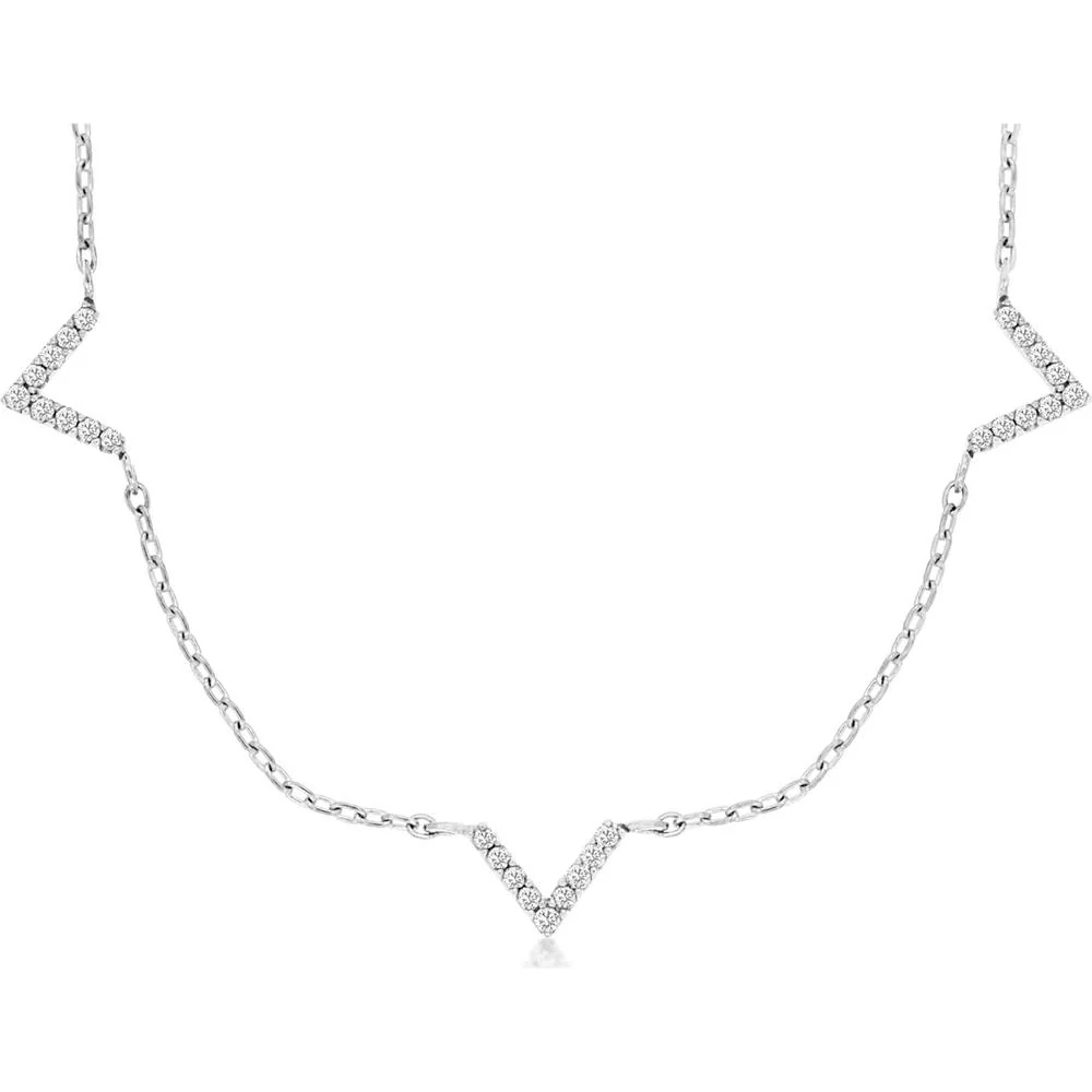 14K White Gold 5-Station Chevron Necklace with Round Brilliant Diamonds - 0.15 Carat Total Diamond Weight - Royal Jewelry