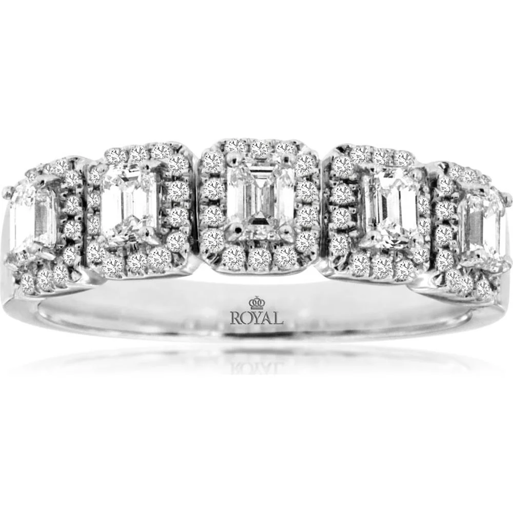 14K White Gold 5-Stone Diamond Wedding Band with Emerald Cut Center and Halo Setting - 1.00 Carat Total Diamond Weight - Royal Jewelry