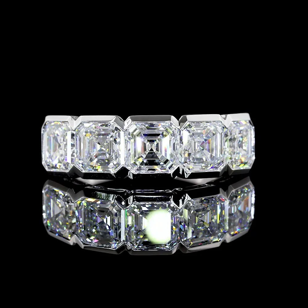14K White Gold 5-Stone Eternity Band with Half-Bezel Set Asscher Cut Lab Diamonds - 3.98 Carats Total Diamond Weight - Covaloro Fine Jewelry
