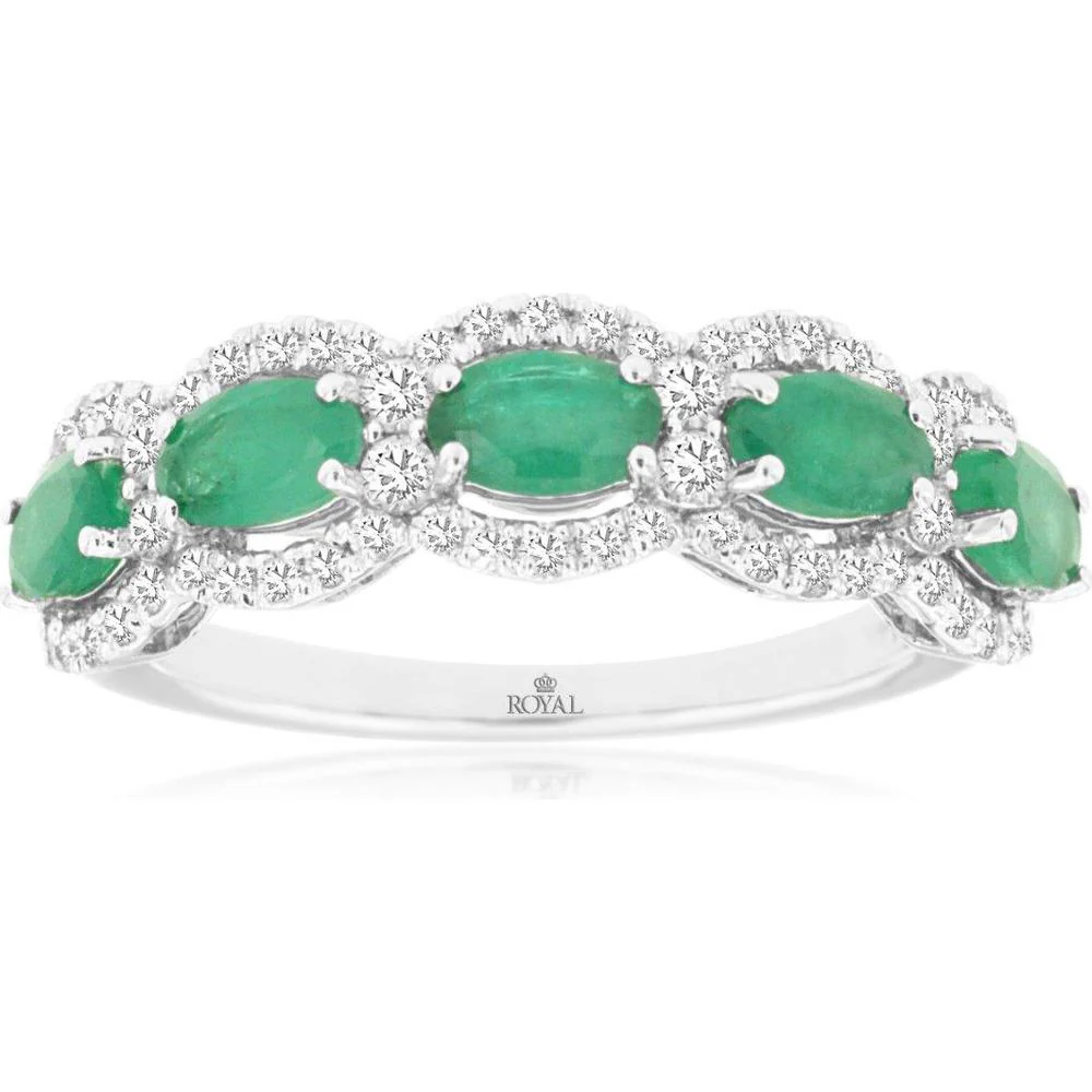 14K White Gold 5-Stone Oval Emerald and Diamond Band Ring - 1.50 Carat Emerald Total Weight, 0.44 Carat Diamond Total Weight - Royal Jewelry