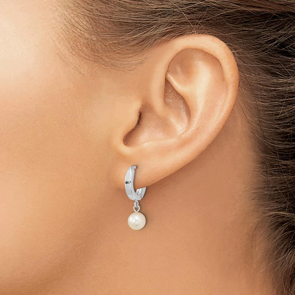 14K White Gold 6-7mm Round Akoya Saltwater Cultured Pearl Dangle Hoop Earrings by Monteluci Fine Jewelry - Image 3