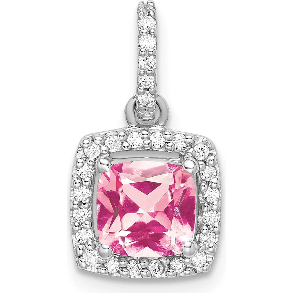 14K White Gold 6mm Cushion Pink Tourmaline and Diamond Halo Pendant - 1.25 Carat Pink Tourmaline, 0.13 Carat Total Diamond Weight by Oro Pregiato