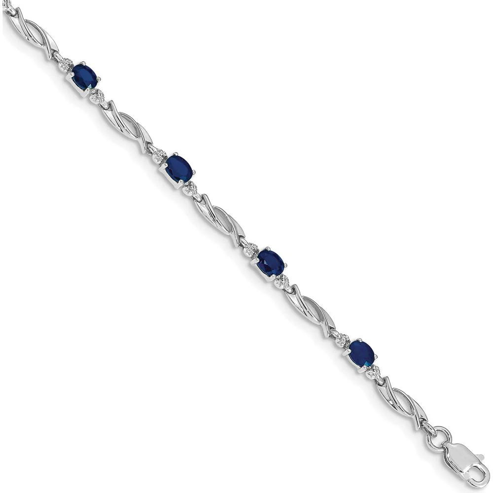 14K White Gold 7.25" Fancy Link Bracelet with Oval Sapphires and Round Diamonds - 0.22 Carats Sapphire Total Weight by Monteluci Fine Jewelry