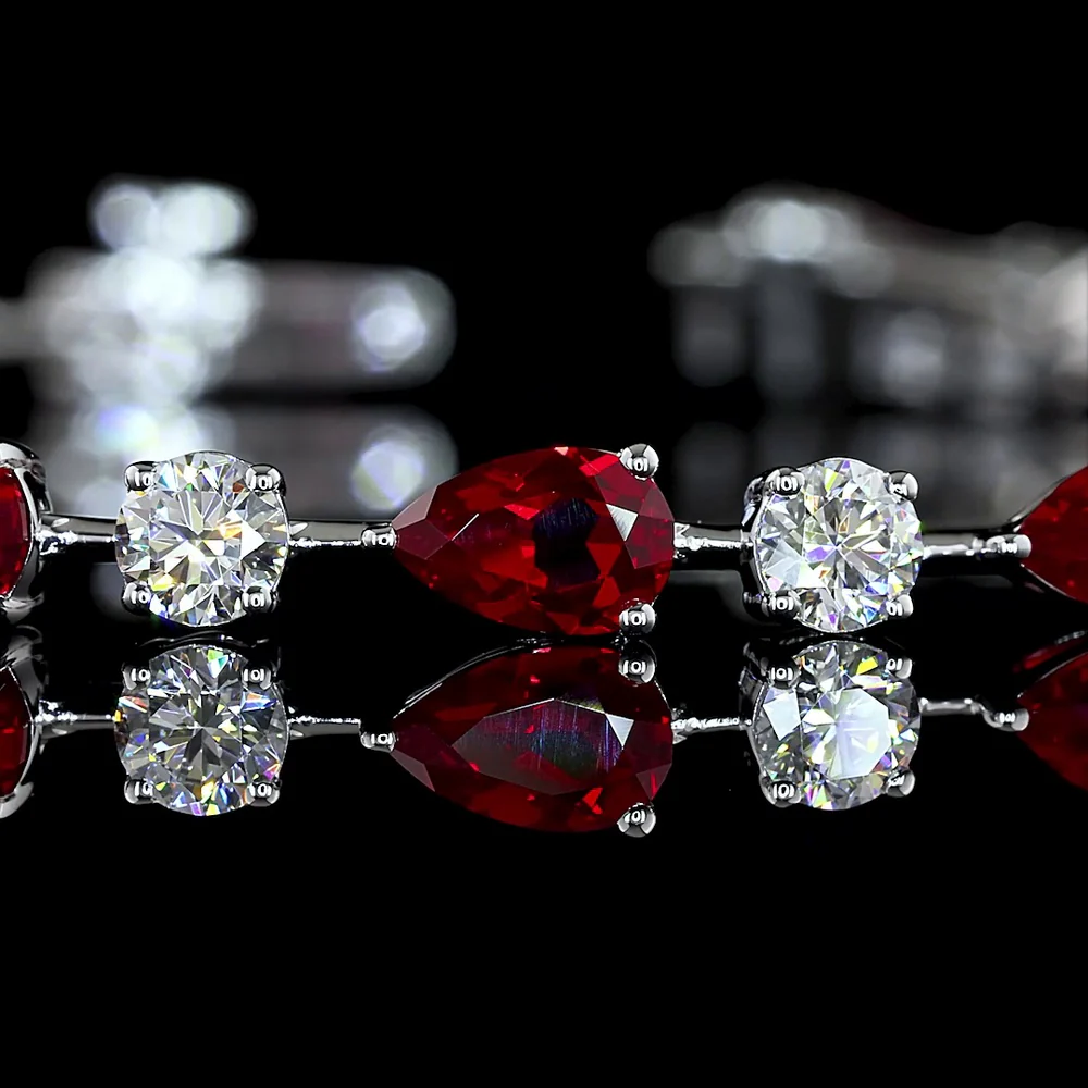 14K White Gold 7.25" Station Bracelet with Pear Cut Lab-Grown Rubies and Brilliant Cut Diamonds - 1.99 Carat Total Gem Weight - Covaloro Fine Jewelry - Image 2