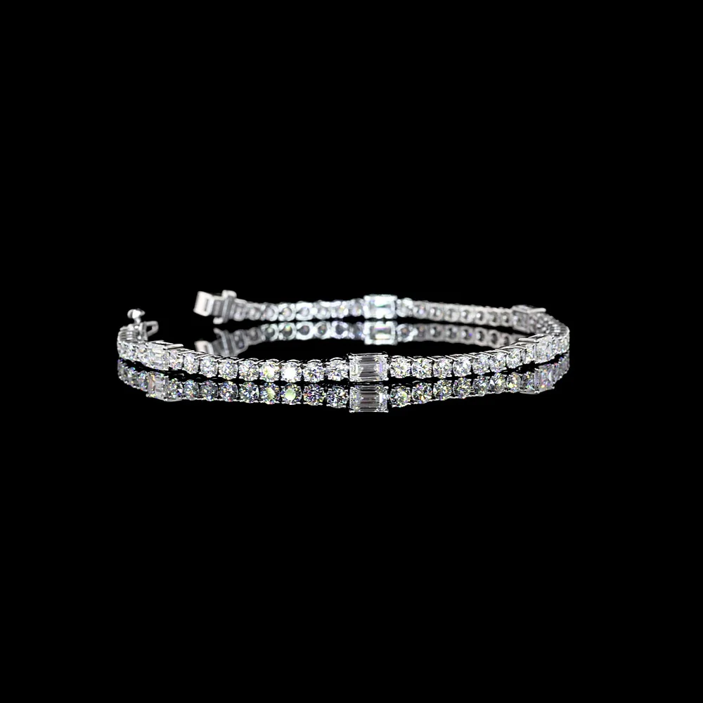 14K White Gold 7.25" Station Line Tennis Bracelet with East-West Emerald Cut and Round Lab Diamonds - 5.46 Carat Total Weight - Covaloro Fine Jewelry