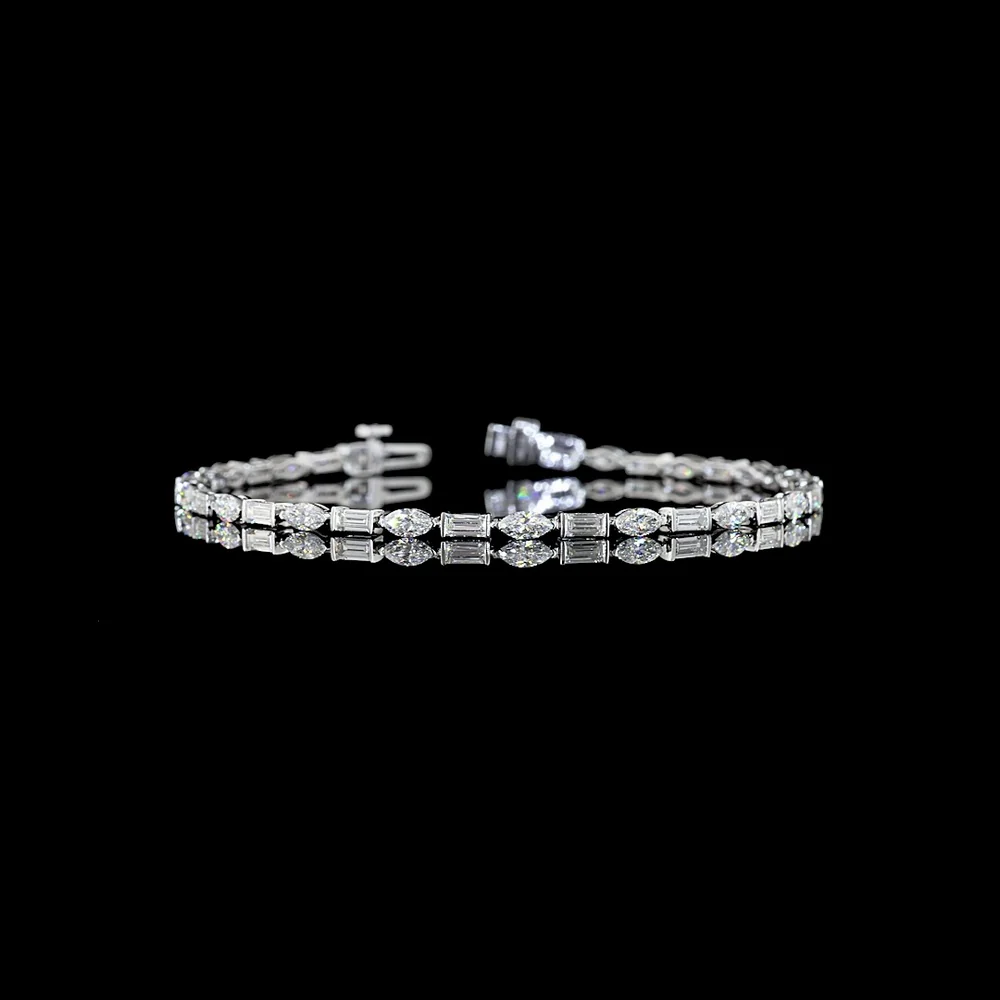 14K White Gold 7.25" Tennis Bracelet with Alternating Marquise and Baguette Lab Diamonds - 3.63 Carat Total Diamond Weight - Covaloro Fine Jewelry