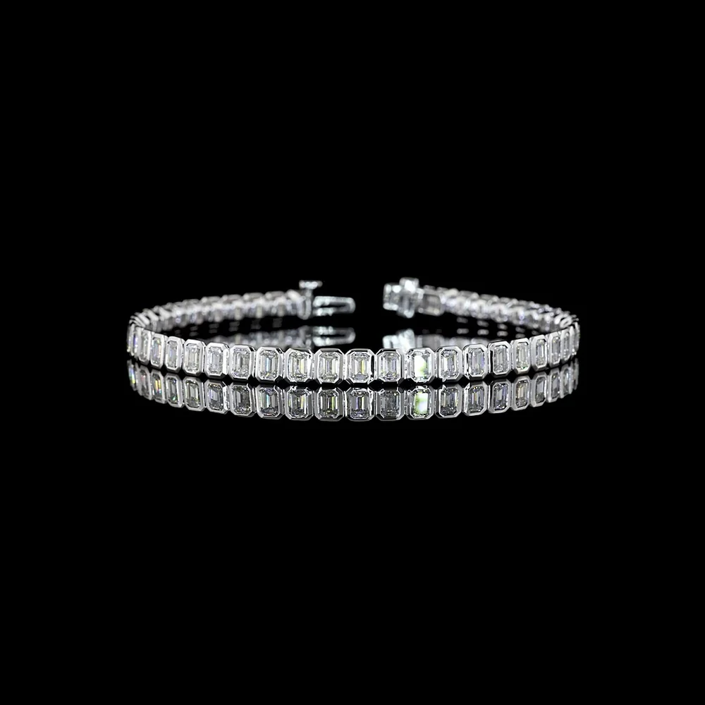14K White Gold 7.28 Carat Tennis Bracelet with Bezel Set Emerald Cut Lab Diamonds - 47 Stones E-F VS - Covaloro Fine Jewelry