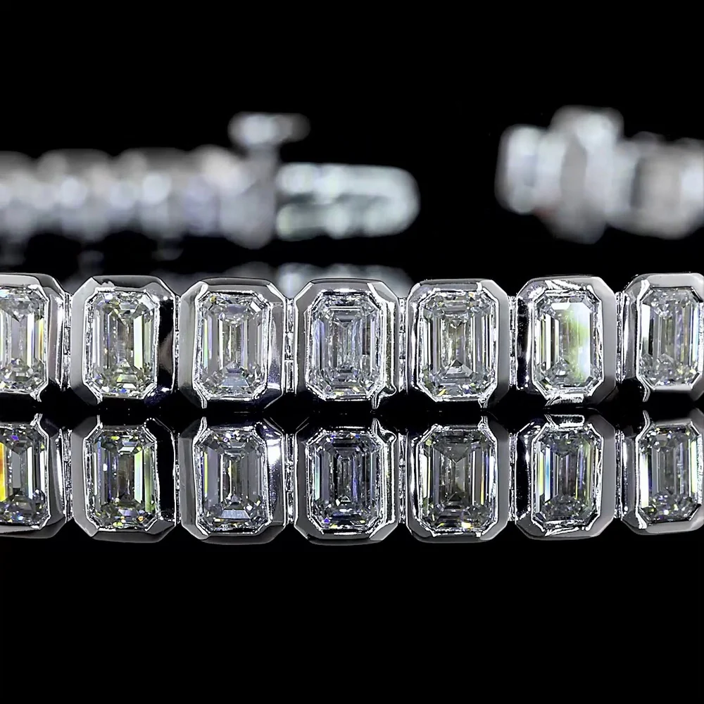 14K White Gold 7.28 Carat Tennis Bracelet with Bezel Set Emerald Cut Lab Diamonds - 47 Stones E-F VS - Covaloro Fine Jewelry - Image 2