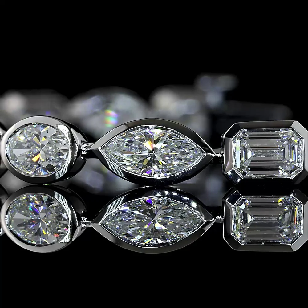 14K White Gold 7.36 Carats East-West Mixed Shape Tennis Bracelet with Bezel Set Lab Diamonds - Emerald, Marquise & Oval Cuts, E-F VS Clarity - Covaloro Fine Jewelry - Image 2