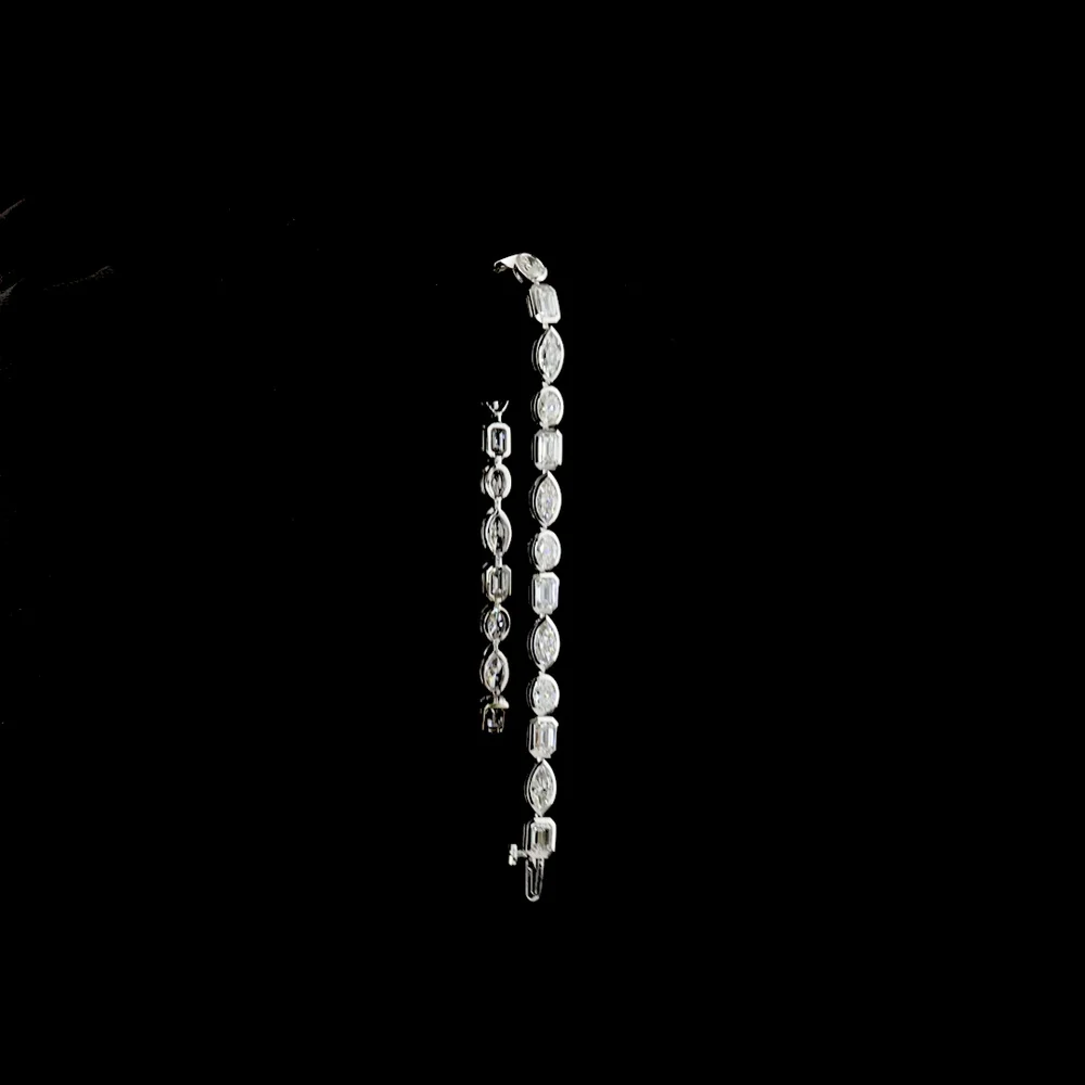 14K White Gold 7.36 Carats East-West Mixed Shape Tennis Bracelet with Bezel Set Lab Diamonds - Emerald, Marquise & Oval Cuts, E-F VS Clarity - Covaloro Fine Jewelry - Image 3