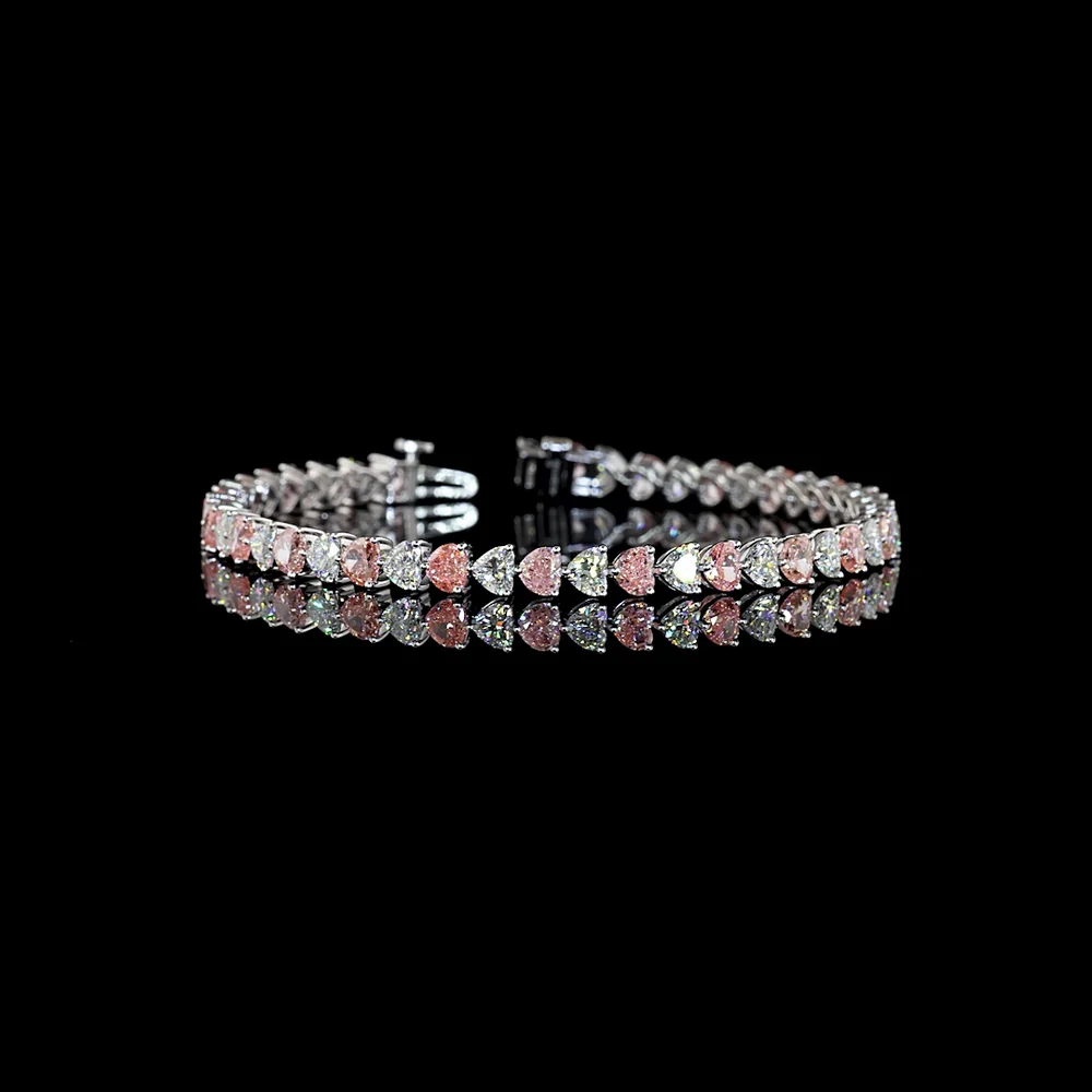 14K White Gold 7.5" Heart Shaped Tennis Bracelet with Alternating Fancy Vivid Pink and White Lab Diamonds - 11.42 Carat Total Diamond Weight - Covaloro Fine Jewelry