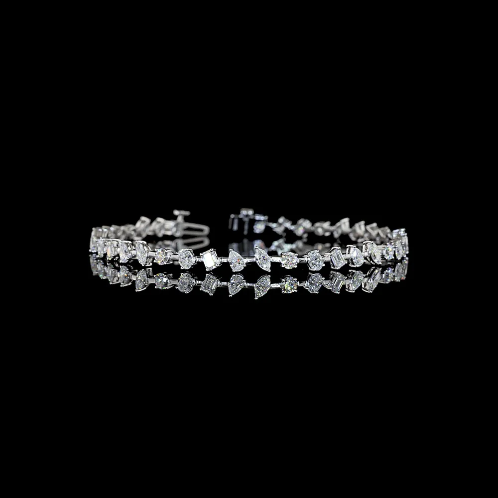 14K White Gold 7.5" Mixed Shape Station Bracelet with Emerald, Oval, Marquise, and Pear Lab Diamonds - 3.92 Carat Total Weight - Covaloro Fine Jewelry