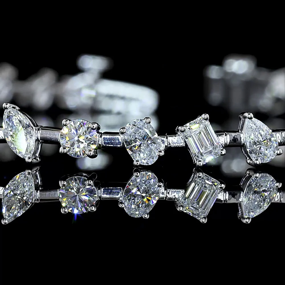 14K White Gold 7.5" Mixed Shape Station Bracelet with Emerald, Oval, Marquise, and Pear Lab Diamonds - 3.92 Carat Total Weight - Covaloro Fine Jewelry - Image 2