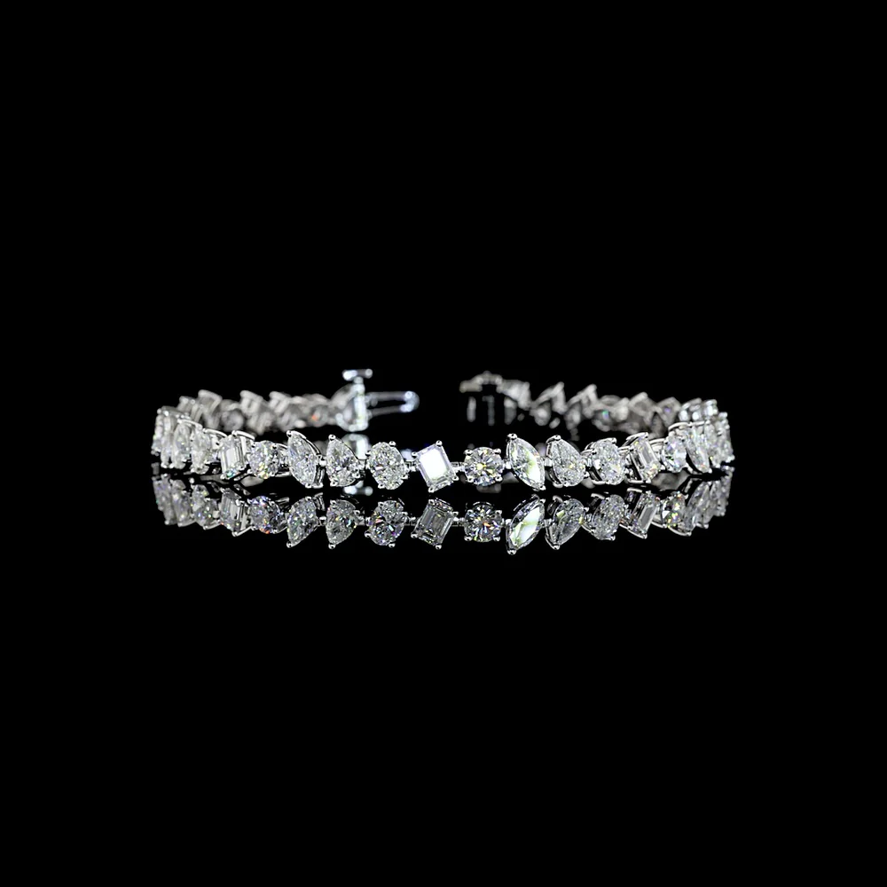 14K White Gold 7.5" Mixed Shape Station Bracelet with Oval, Emerald, and Round Lab Diamonds - 8.79 Carat Total Diamond Weight - Covaloro Fine Jewelry