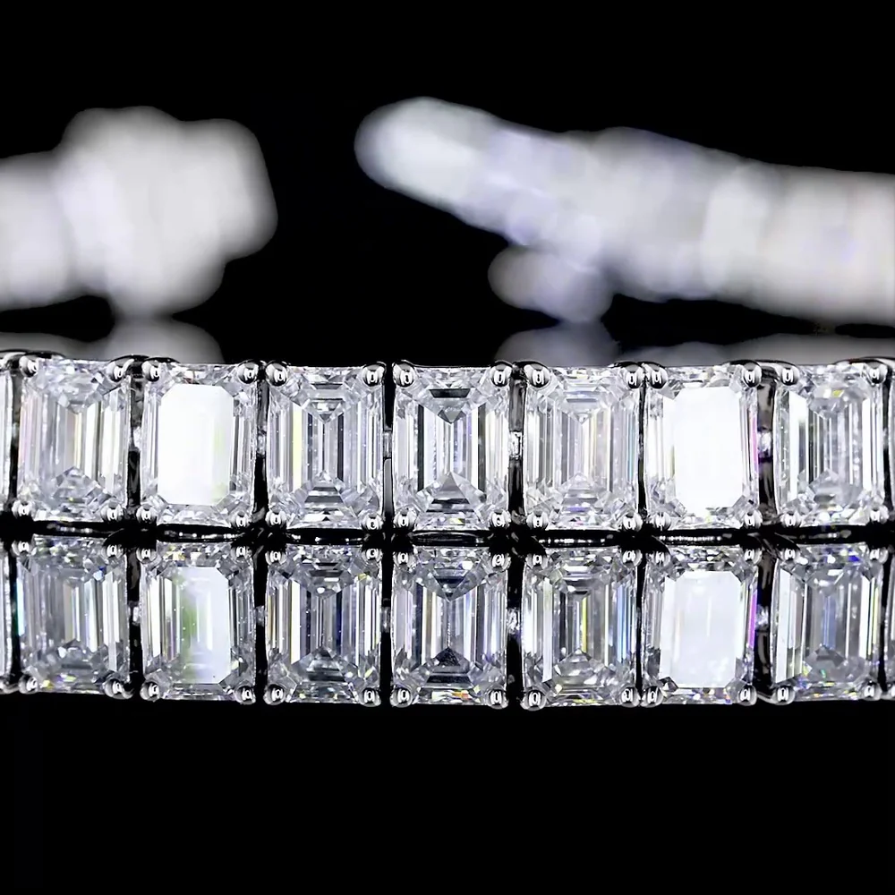 14K White Gold 7.5" Tennis Bracelet with 63 Prong Set Emerald Cut Lab Diamonds - 9.80 Carats Total Diamond Weight - Covaloro Fine Jewelry - Image 2