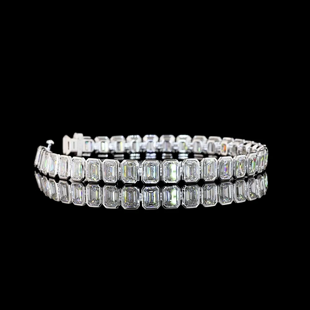 14K White Gold 7.5" Tennis Bracelet with Bezel-Set Emerald Cut Lab Diamonds - 18.30 Carat Total Weight (35 Stones, E-F VS Quality) - Covaloro Fine Jewelry
