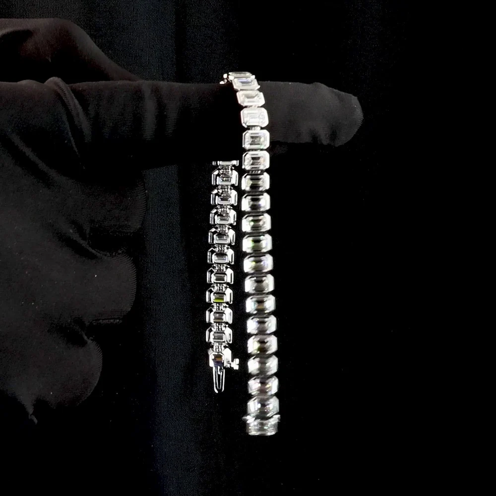14K White Gold 7.5" Tennis Bracelet with Bezel-Set Emerald Cut Lab Diamonds - 18.30 Carat Total Weight (35 Stones, E-F VS Quality) - Covaloro Fine Jewelry - Image 3