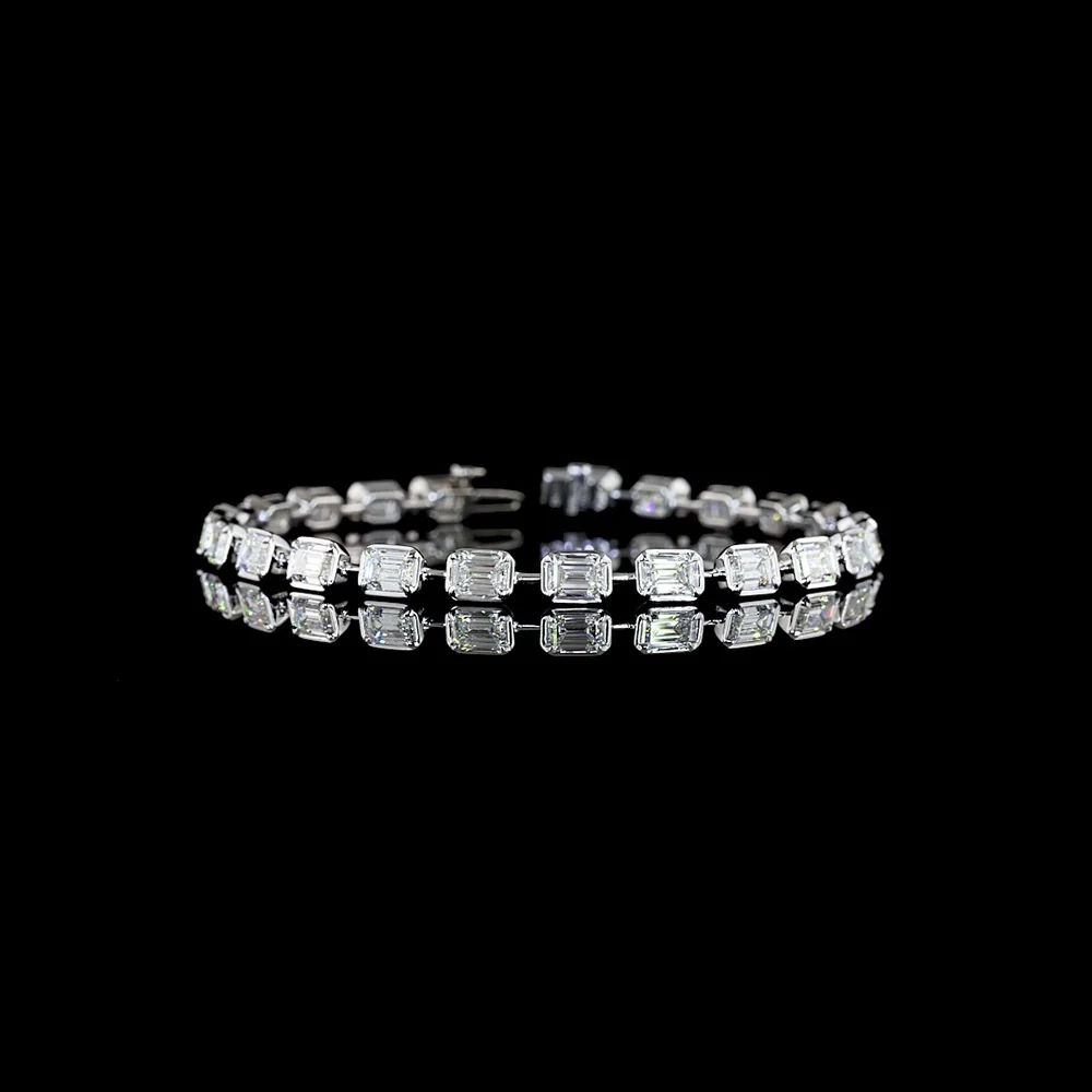 14K White Gold 7.70 Carats East-West Emerald Cut Lab Diamond Station Bracelet with Bezel-Prong Settings - E-F Color VS1 Clarity - Covaloro Fine Jewelry