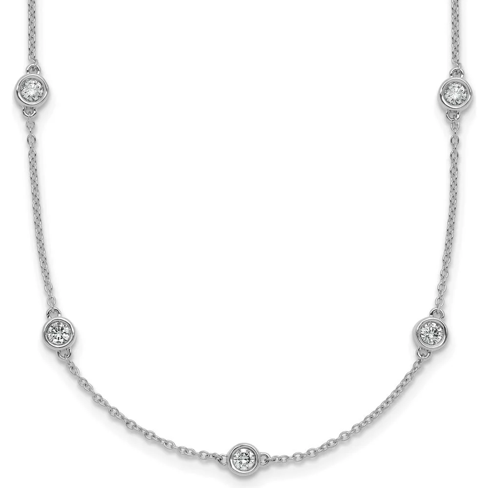 14K White Gold 7/8 Carat Bezel-Set Diamond 15-Station Cable Chain Necklace - Rhodium Plated by Oro Pregiato