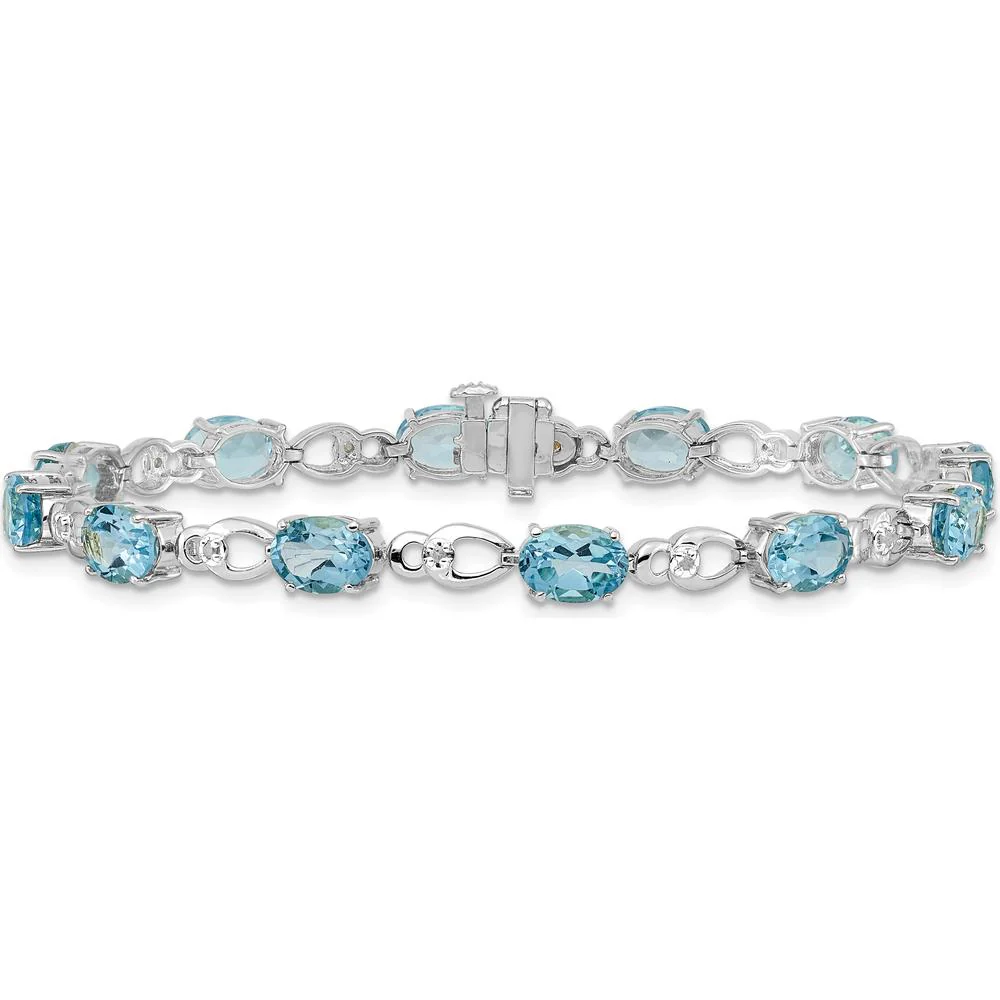 14K White Gold 7-Inch Bracelet with Oval Swiss Blue Topaz and Round Diamonds - 0.75 Carats Total Swiss Blue Topaz Weight, 0.004 Carats Total Diamond Weight by Oro Pregiato - Image 3