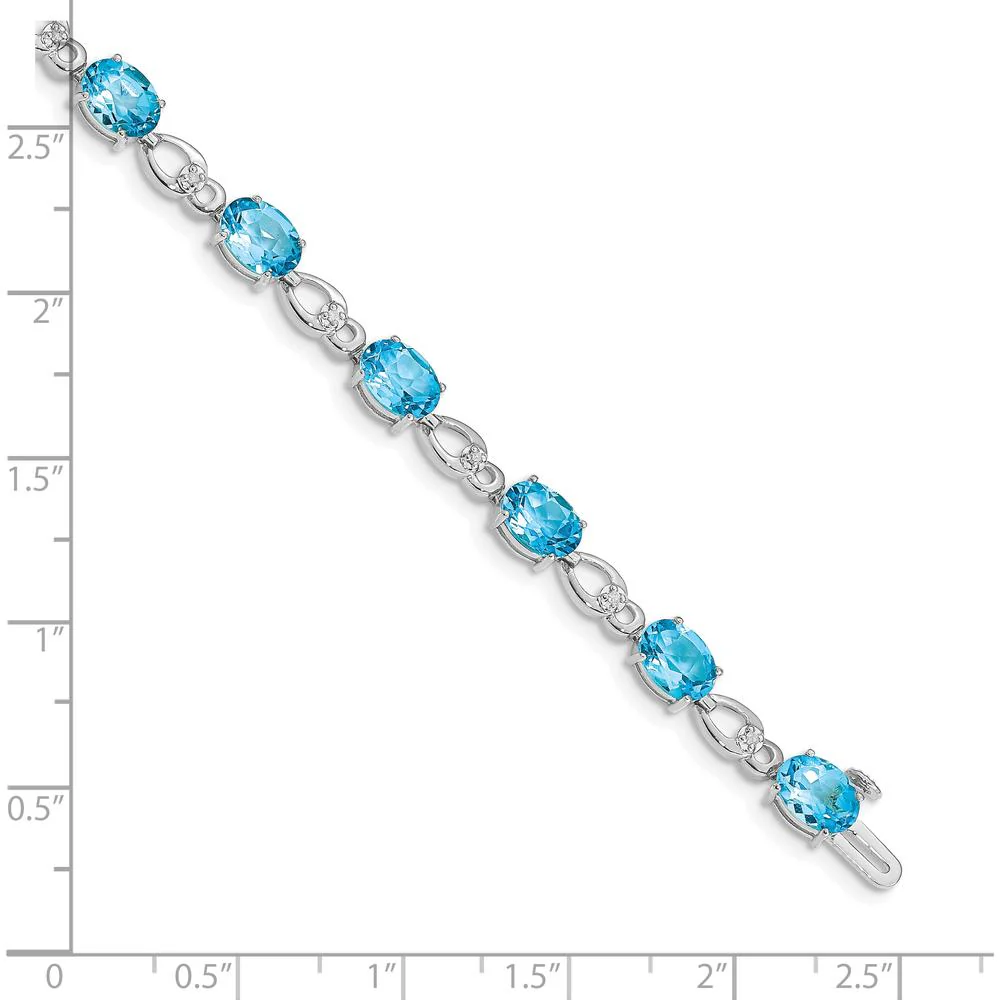 14K White Gold 7-Inch Bracelet with Oval Swiss Blue Topaz and Round Diamonds - 0.75 Carats Total Swiss Blue Topaz Weight, 0.004 Carats Total Diamond Weight by Oro Pregiato - Image 4